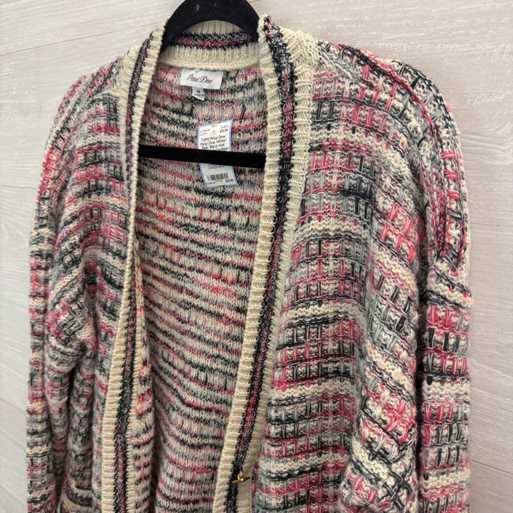 Petal Dew White/ Pink/ Black Knit Open Front Cardigan Sweater Medium