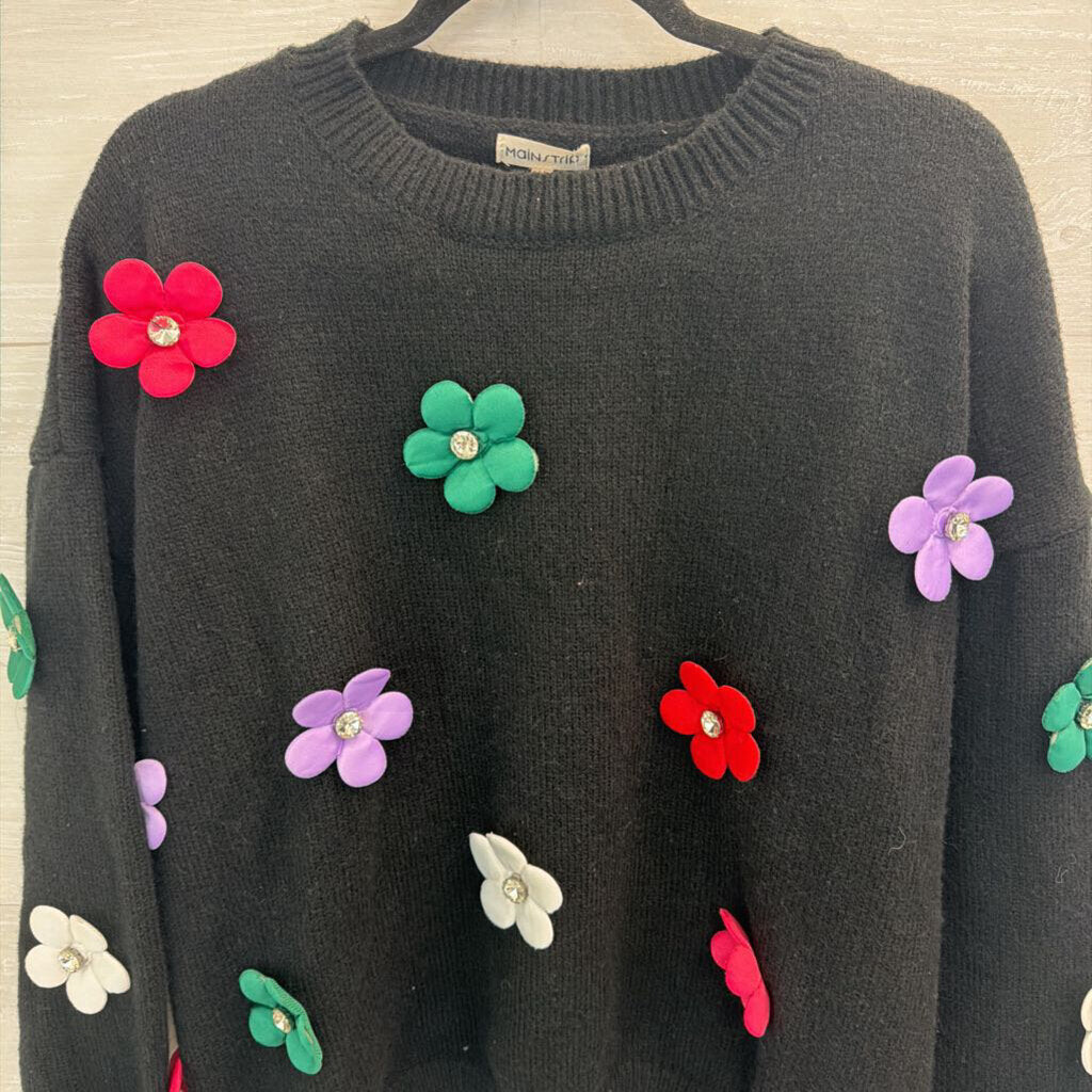 Main Strip Black/ Multi 3D Flower Sweater Medium