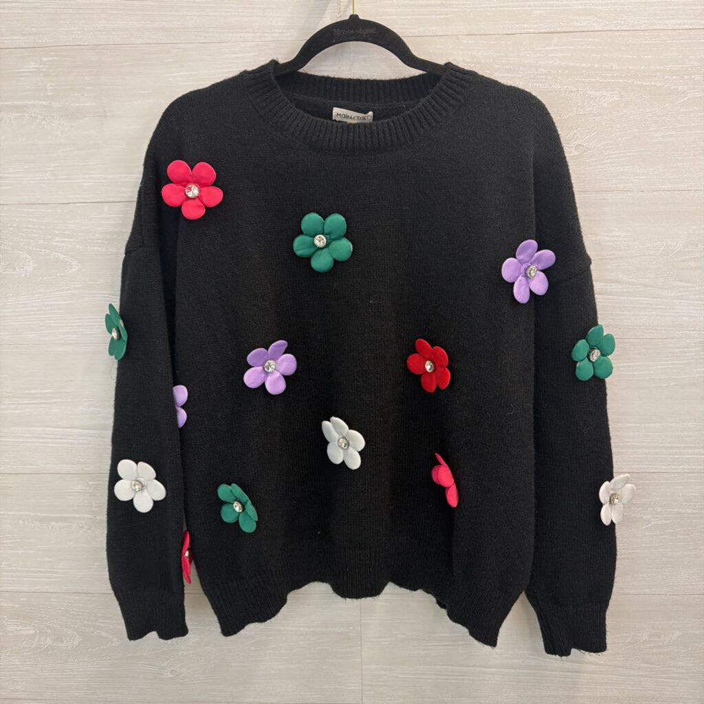 Main Strip Black/ Multi 3D Flower Sweater Medium