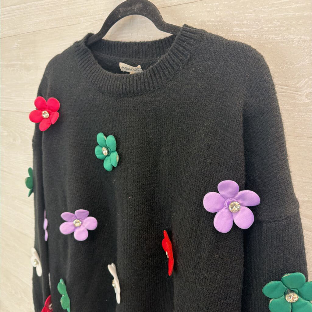 Main Strip Black/ Multi 3D Flower Sweater Medium