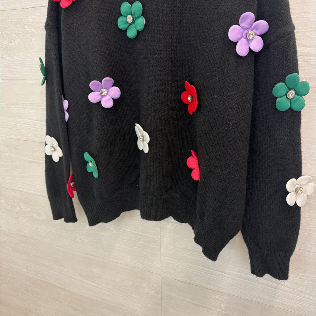 Main Strip Black/ Multi 3D Flower Sweater Medium