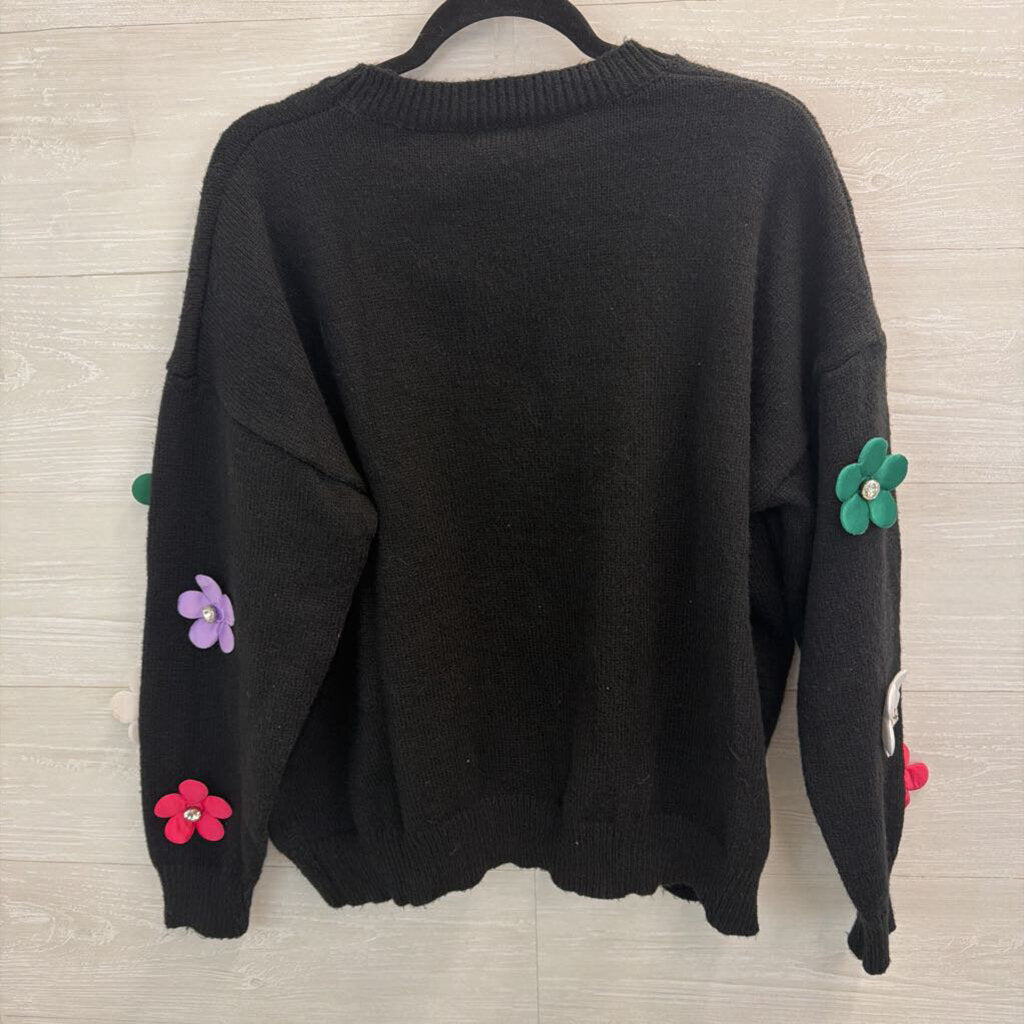Main Strip Black/ Multi 3D Flower Sweater Medium