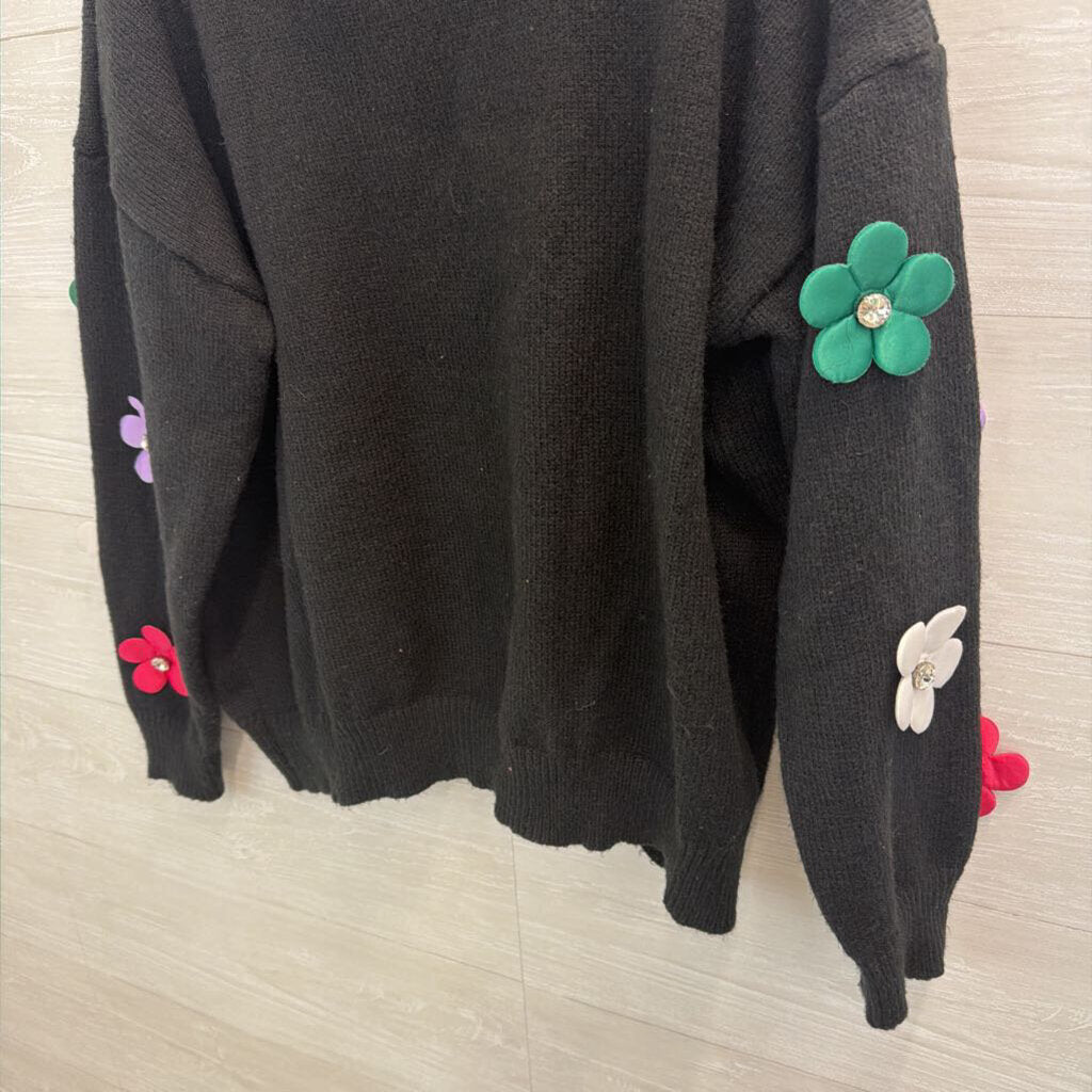 Main Strip Black/ Multi 3D Flower Sweater Medium