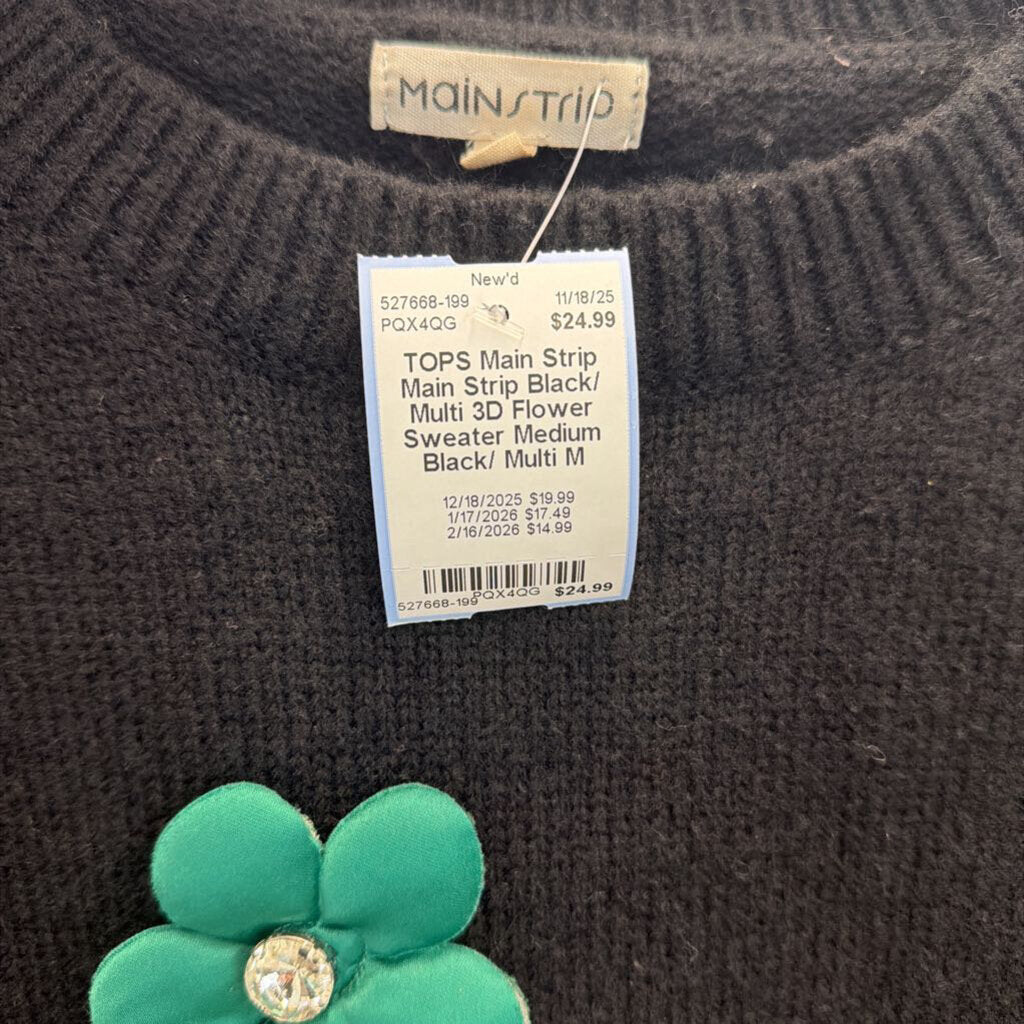 Main Strip Black/ Multi 3D Flower Sweater Medium