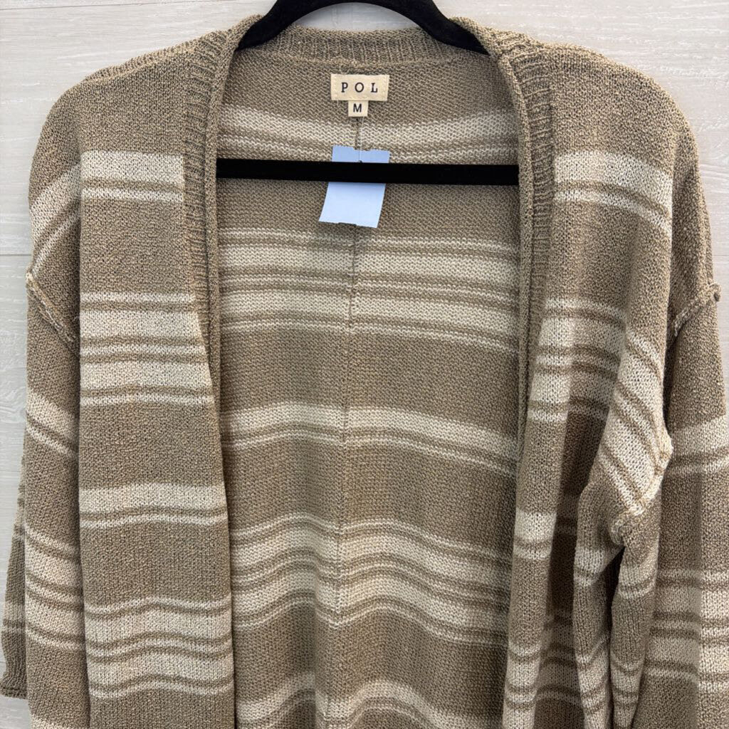 POL Beige/ White Striped Knit Open Front Sweater Medium