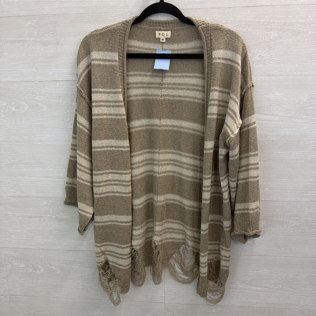 POL Beige/ White Striped Knit Open Front Sweater Medium