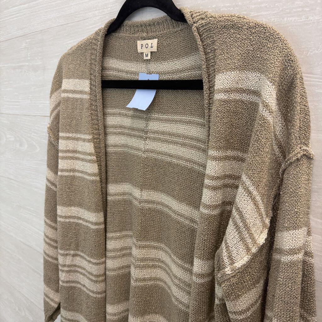 POL Beige/ White Striped Knit Open Front Sweater Medium