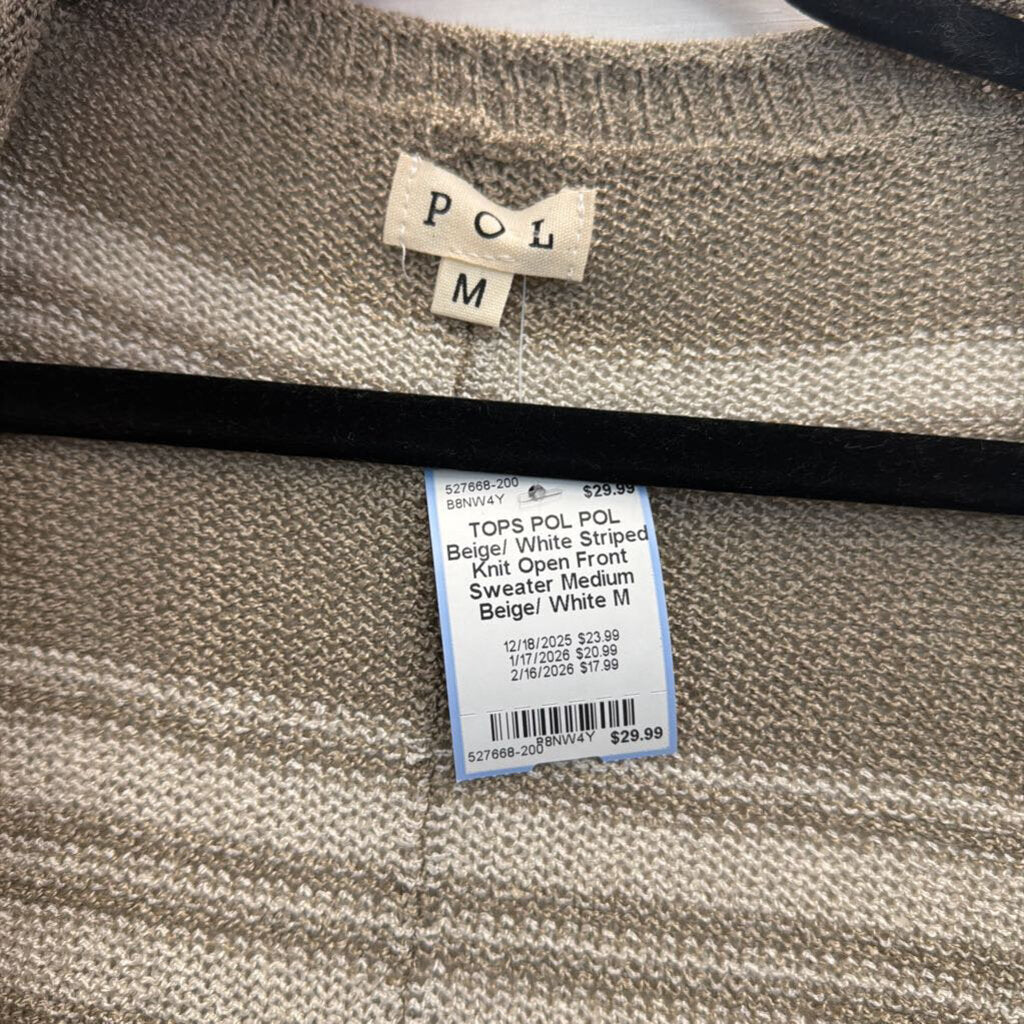 POL Beige/ White Striped Knit Open Front Sweater Medium