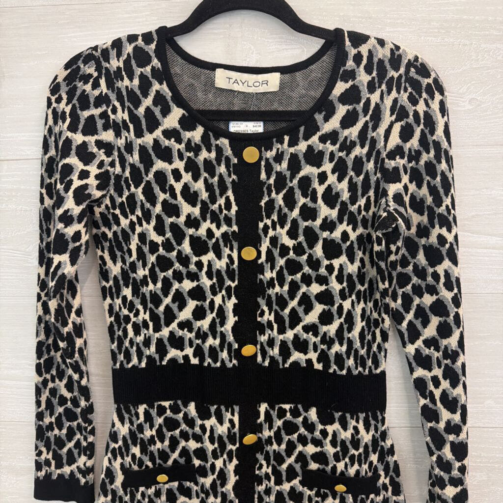 Taylor Black/ Beige Animal Print Long Sleeve Sweater Dress Small