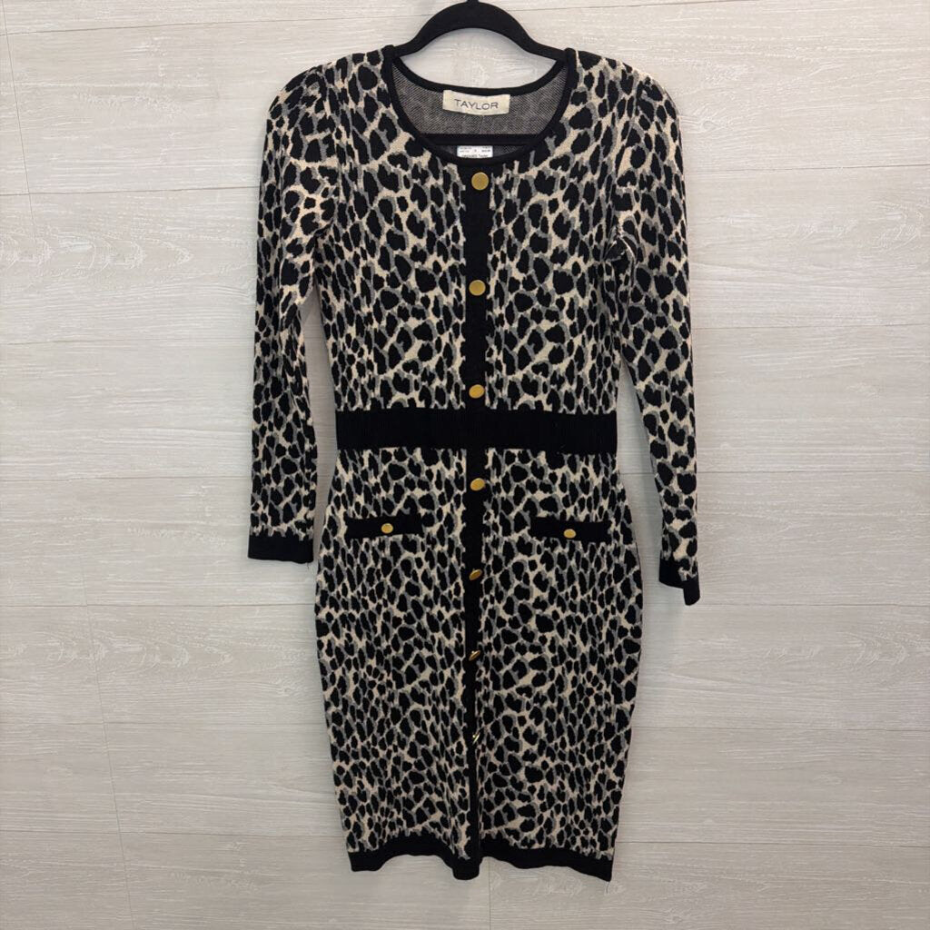 Taylor Black/ Beige Animal Print Long Sleeve Sweater Dress Small