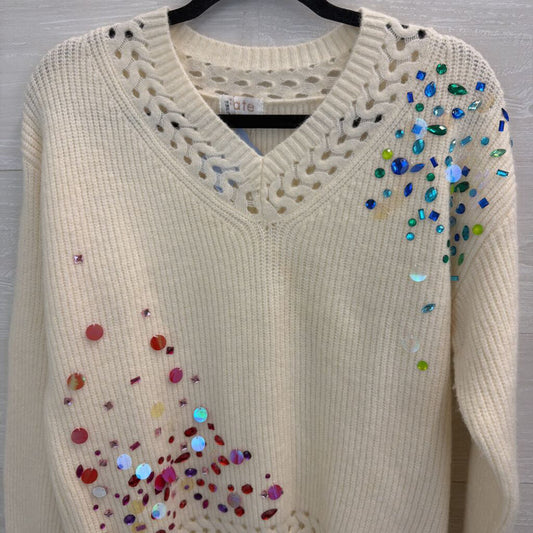 Fate Cream/ Multi Beaded V Neck Sweater Small