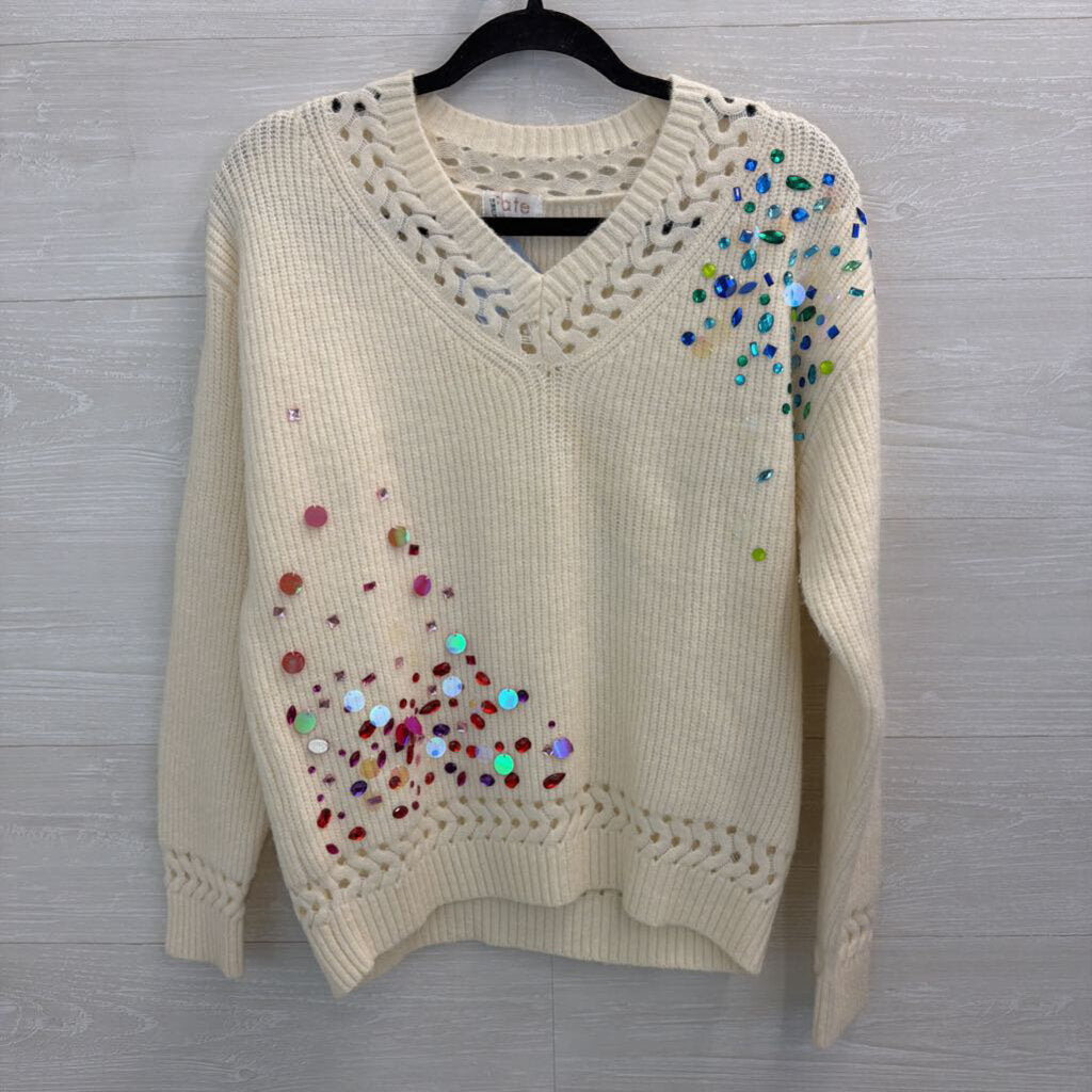 Fate Cream/ Multi Beaded V Neck Sweater Small