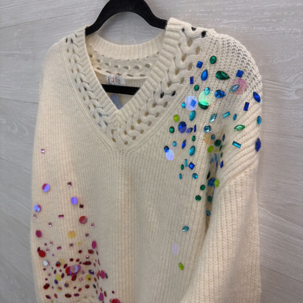 Fate Cream/ Multi Beaded V Neck Sweater Small