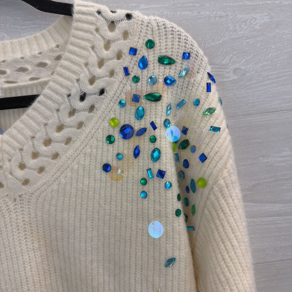 Fate Cream/ Multi Beaded V Neck Sweater Small