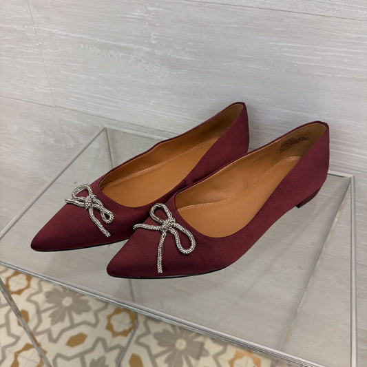 J Crew Burgundy Satin Rhinestone Bow Point Toe Flats 8