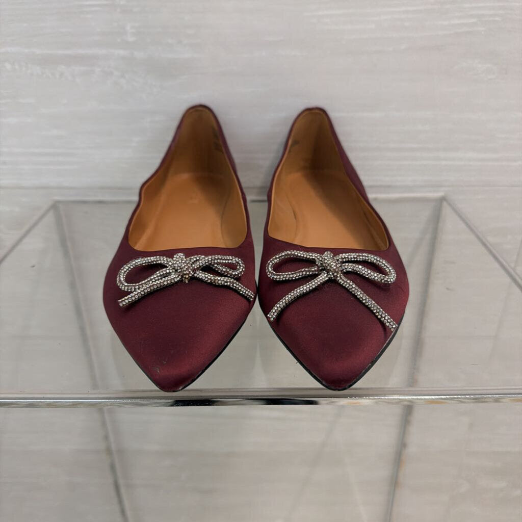 J Crew Burgundy Satin Rhinestone Bow Point Toe Flats 8