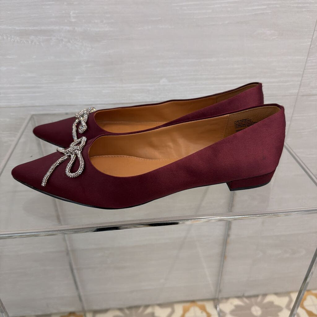 J Crew Burgundy Satin Rhinestone Bow Point Toe Flats 8