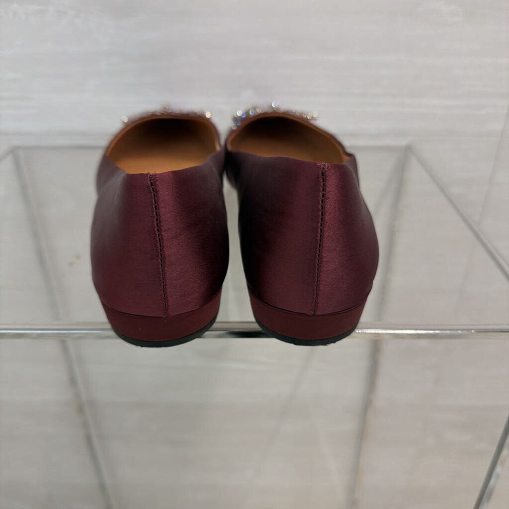 J Crew Burgundy Satin Rhinestone Bow Point Toe Flats 8