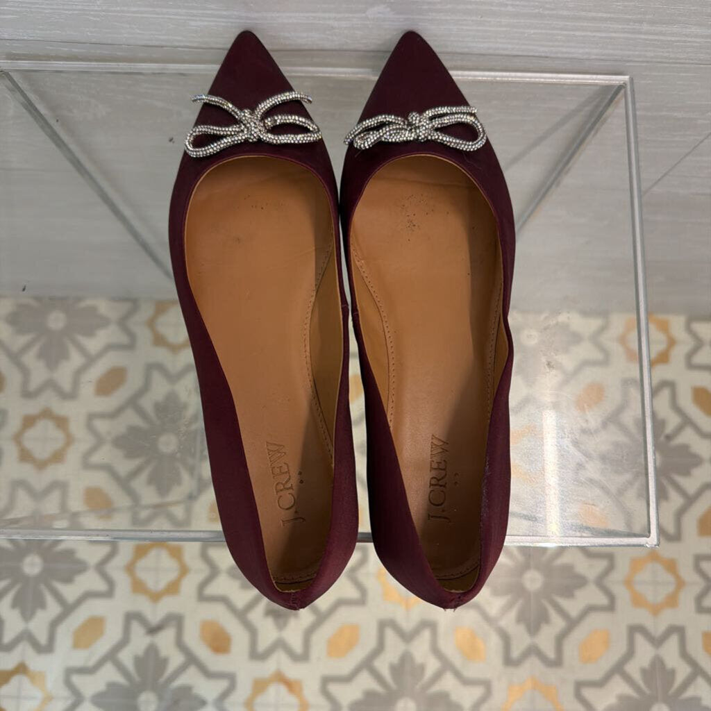 J Crew Burgundy Satin Rhinestone Bow Point Toe Flats 8
