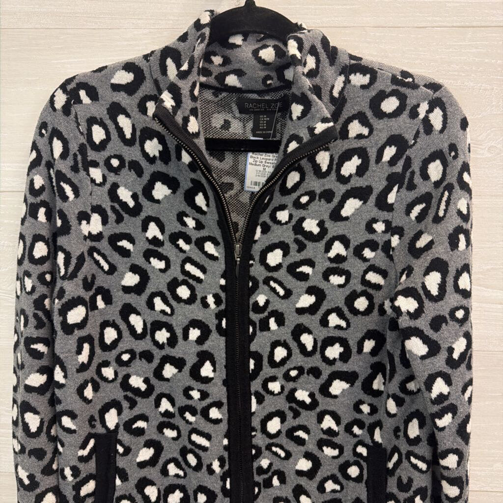 Rachel Zoe Grey/ Black Leopard Print Zip Up Sweater Medium