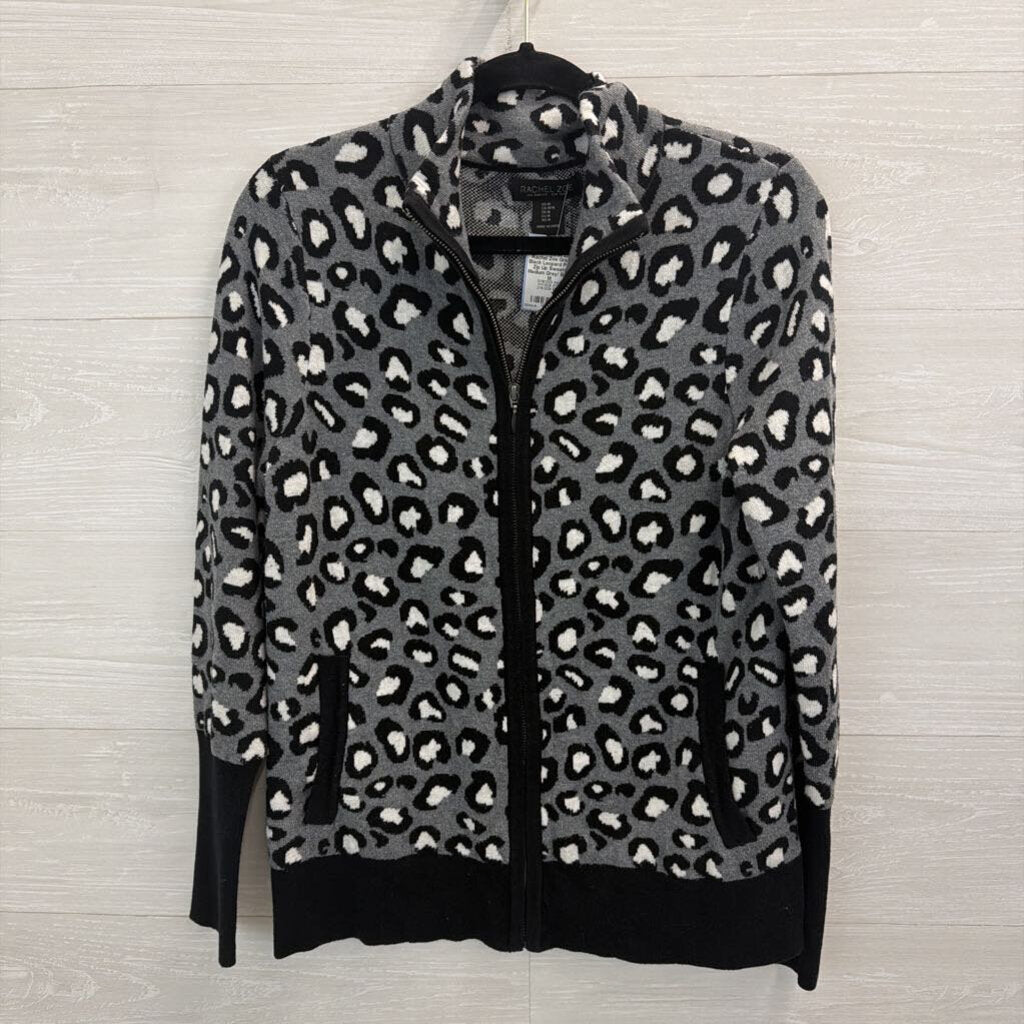 Rachel Zoe Grey/ Black Leopard Print Zip Up Sweater Medium