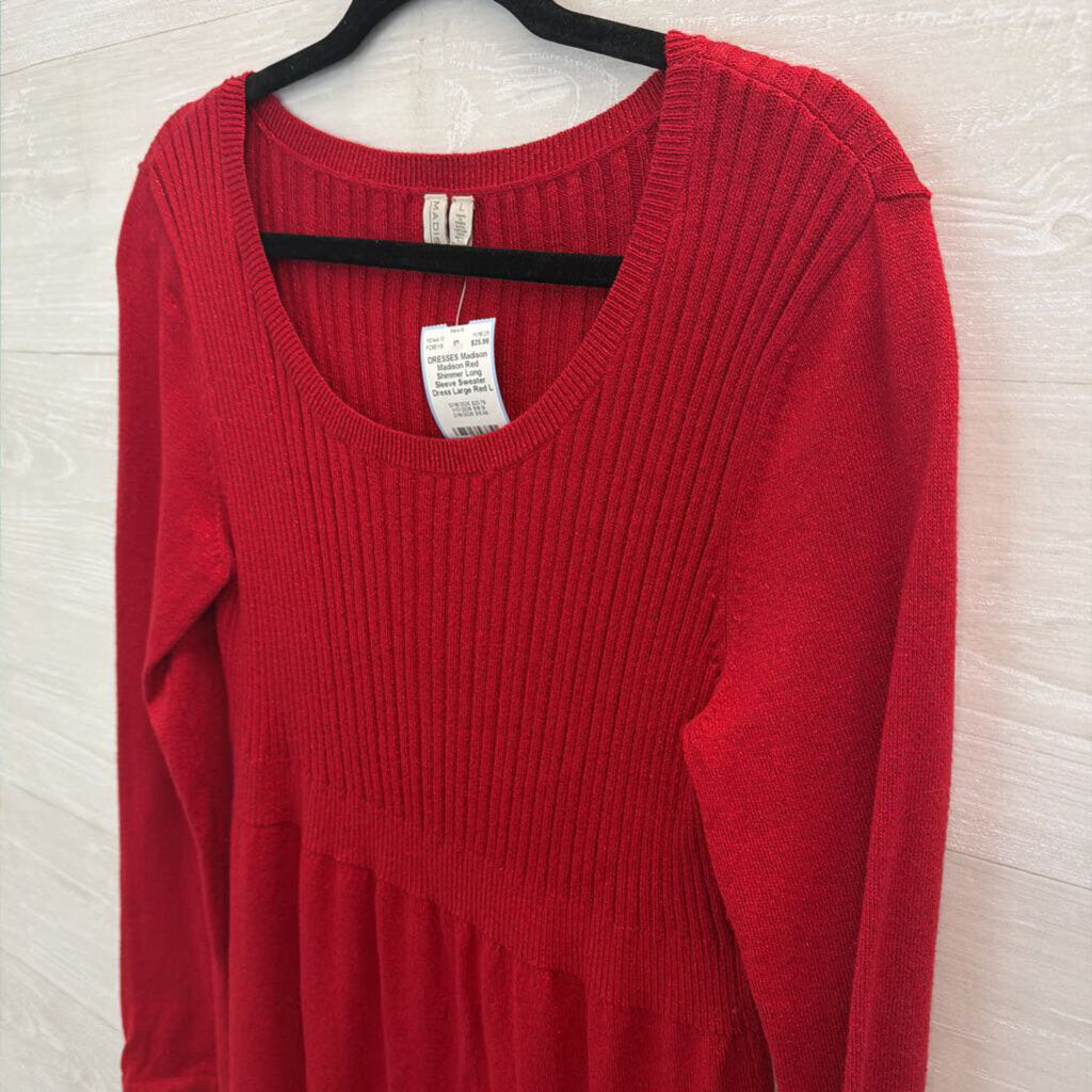 Madison Red Shimmer Long Sleeve Sweater Dress Large
