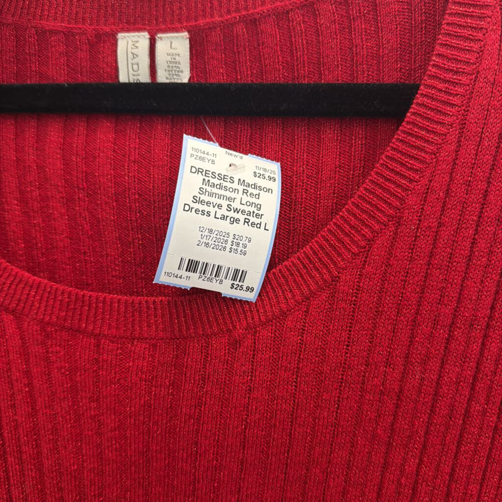 Madison Red Shimmer Long Sleeve Sweater Dress Large
