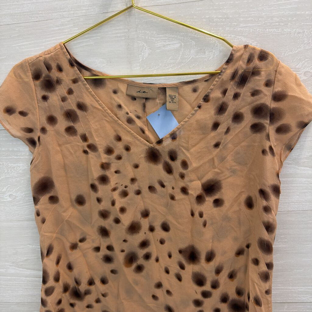 I.E. 100% Silk Brown Dot Print Sheer Short Sleeve Top 12