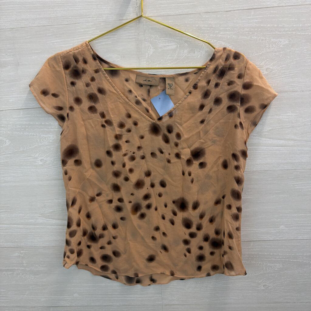 I.E. 100% Silk Brown Dot Print Sheer Short Sleeve Top 12