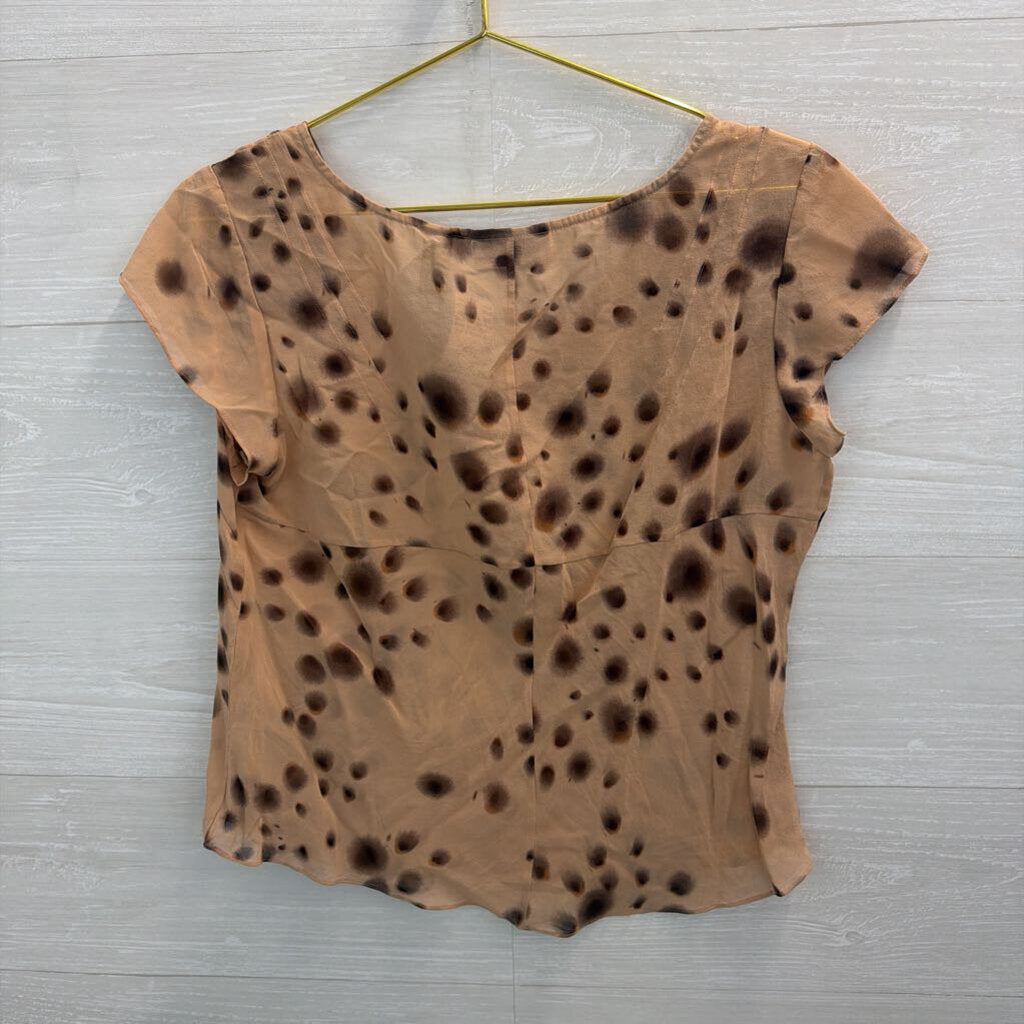 I.E. 100% Silk Brown Dot Print Sheer Short Sleeve Top 12