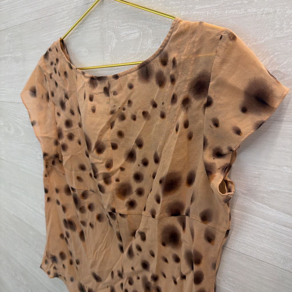 I.E. 100% Silk Brown Dot Print Sheer Short Sleeve Top 12