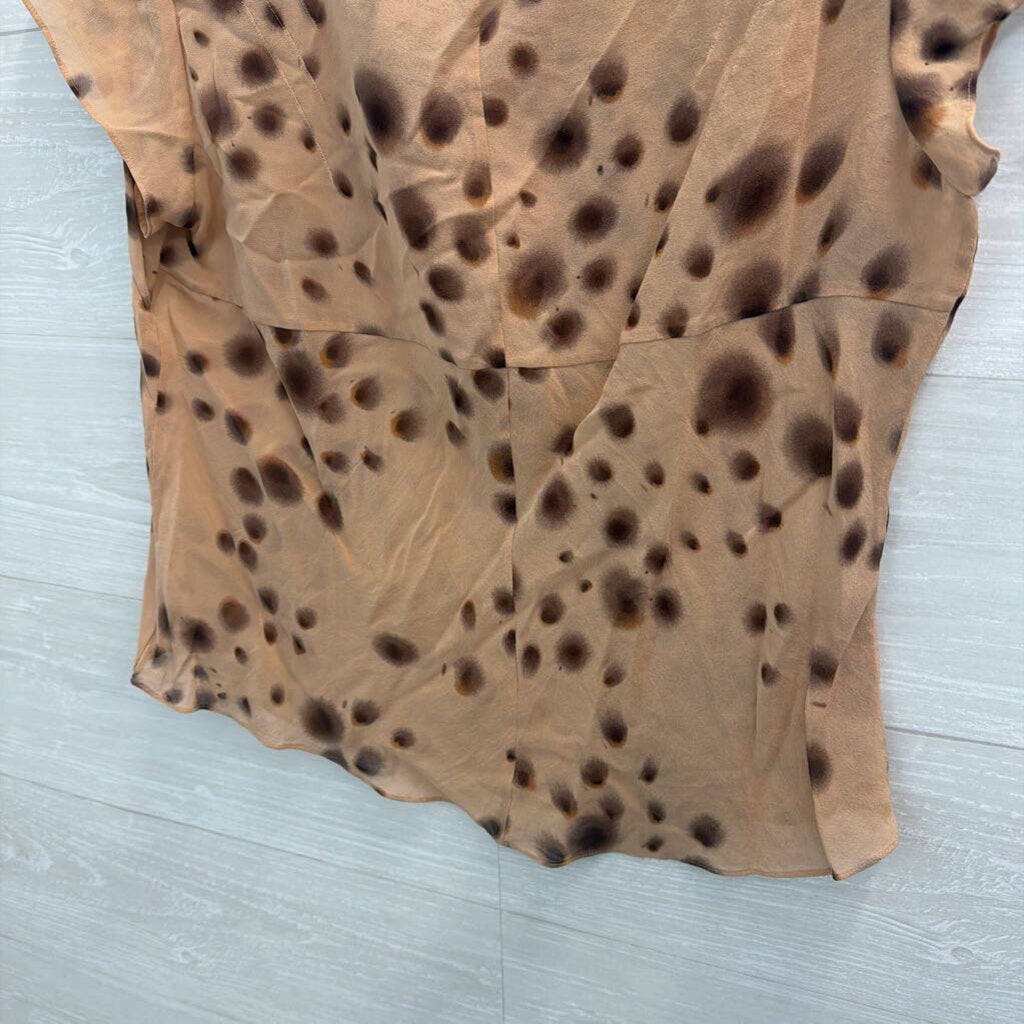 I.E. 100% Silk Brown Dot Print Sheer Short Sleeve Top 12