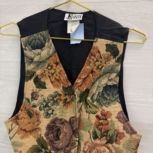 Vintage Jeans Wear Beige/ Multi Flower Tapestry Vest Medium