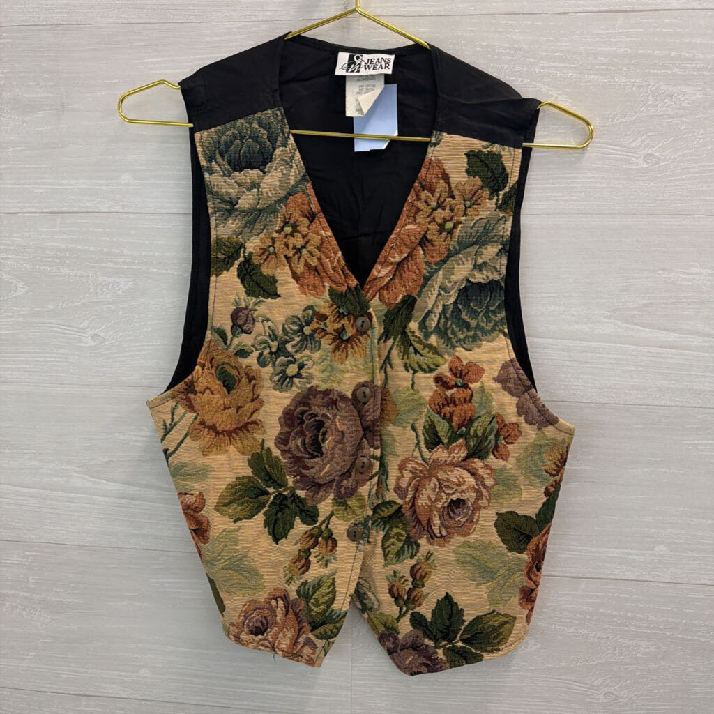 Vintage Jeans Wear Beige/ Multi Flower Tapestry Vest Medium