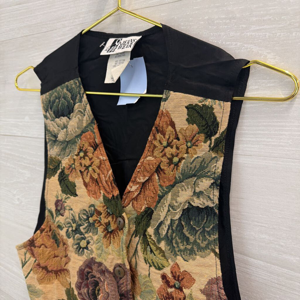 Vintage Jeans Wear Beige/ Multi Flower Tapestry Vest Medium