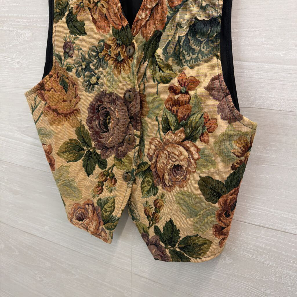 Vintage Jeans Wear Beige/ Multi Flower Tapestry Vest Medium