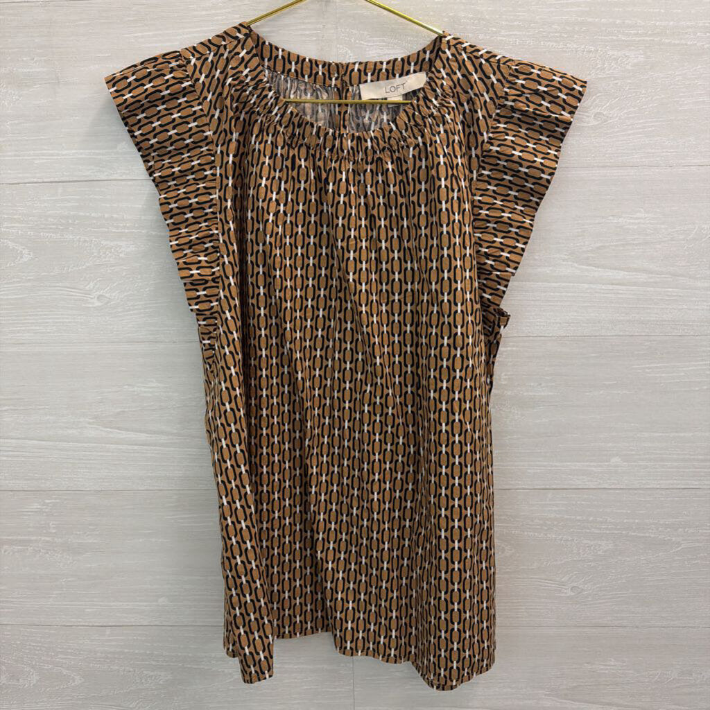 Loft Brown/ Black Print Short Flutter Sleeve Top Large