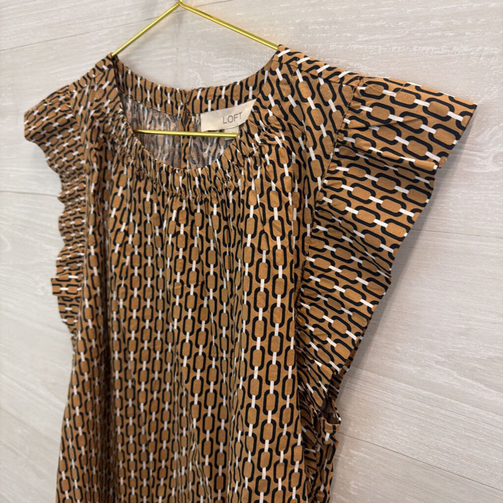 Loft Brown/ Black Print Short Flutter Sleeve Top Large