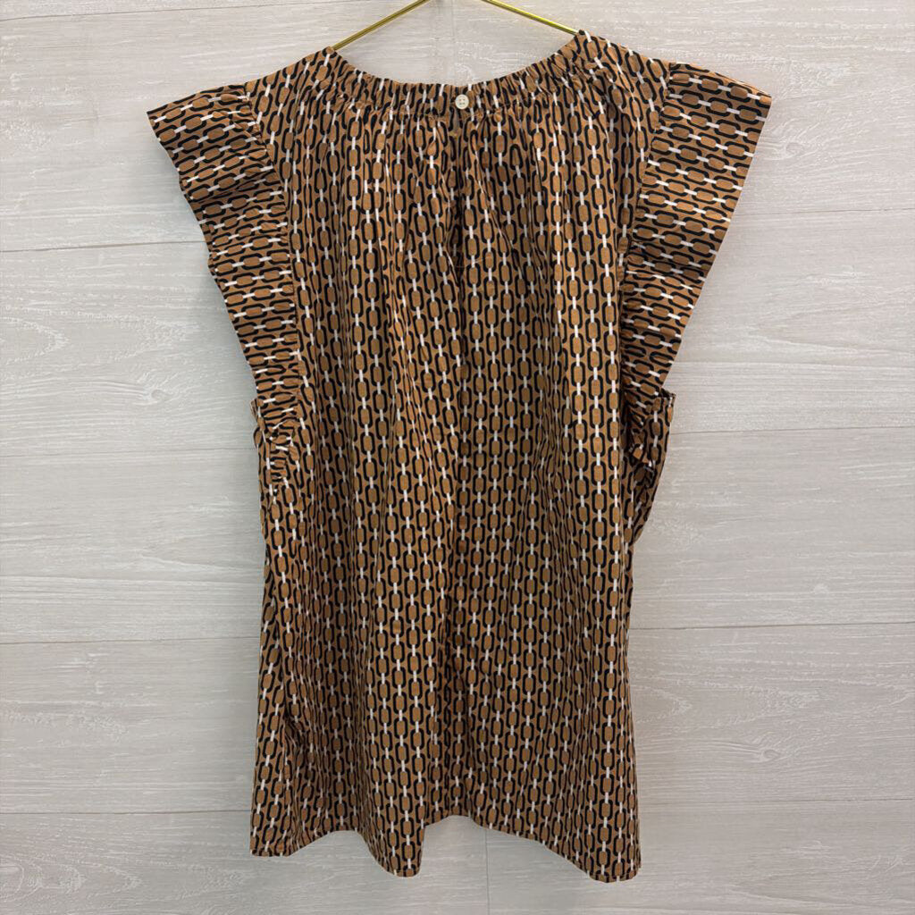 Loft Brown/ Black Print Short Flutter Sleeve Top Large