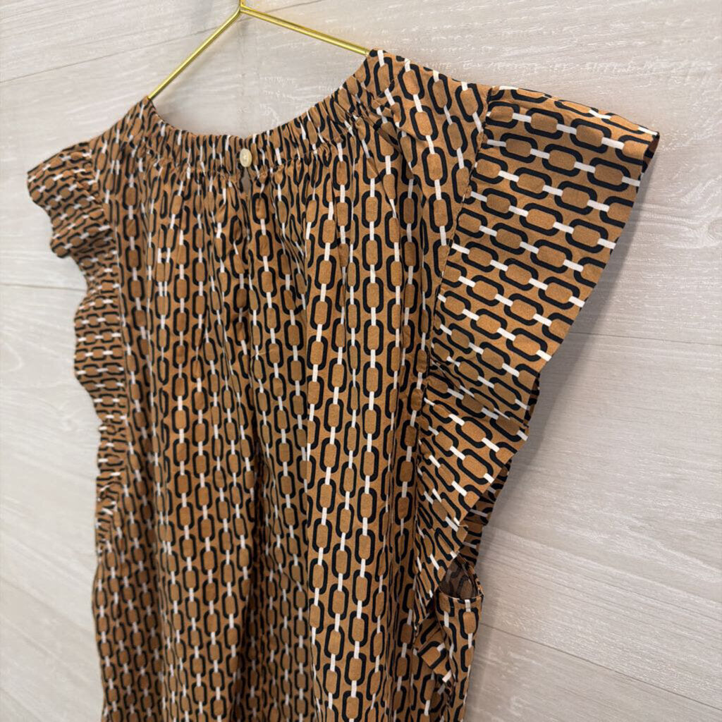 Loft Brown/ Black Print Short Flutter Sleeve Top Large