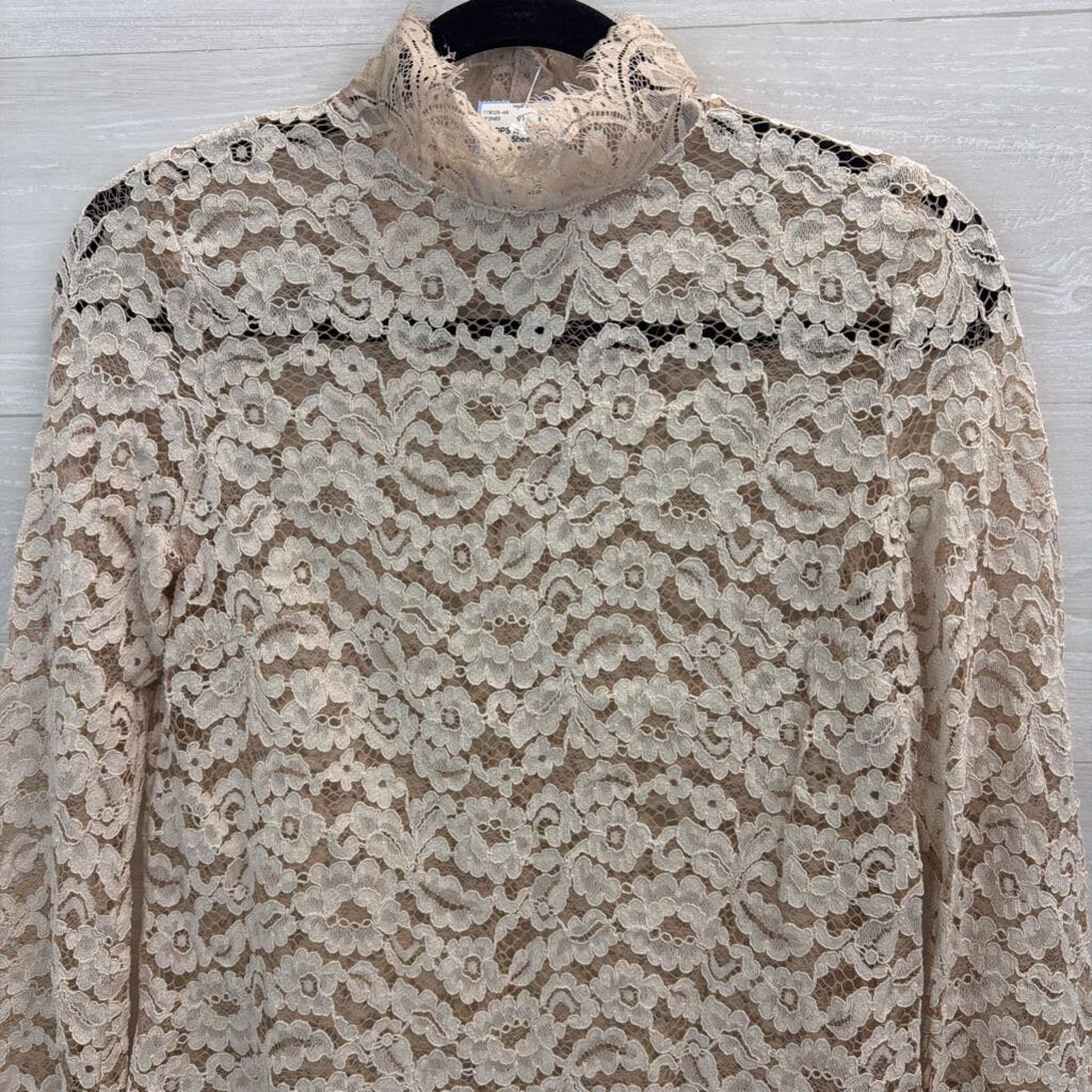 Cream Sheer Lace Long Sleeve Mock Neck Top Small