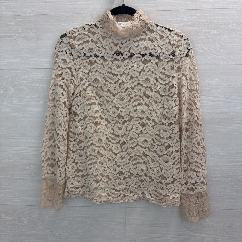 Cream Sheer Lace Long Sleeve Mock Neck Top Small