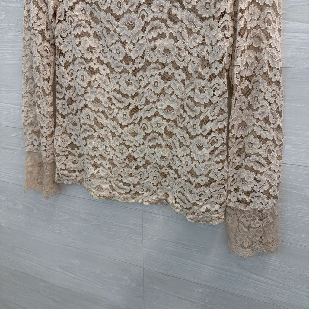 Cream Sheer Lace Long Sleeve Mock Neck Top Small