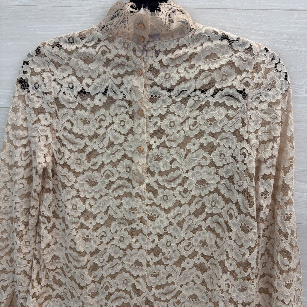 Cream Sheer Lace Long Sleeve Mock Neck Top Small