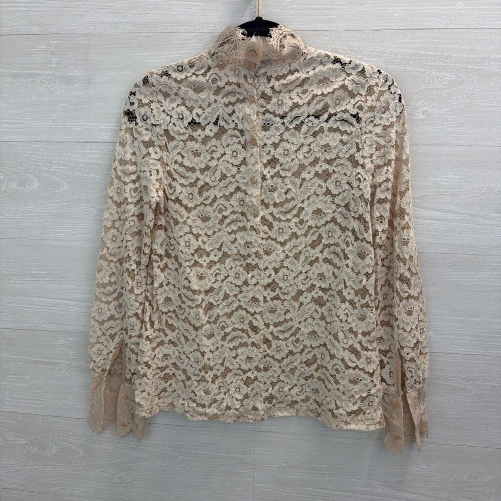 Cream Sheer Lace Long Sleeve Mock Neck Top Small