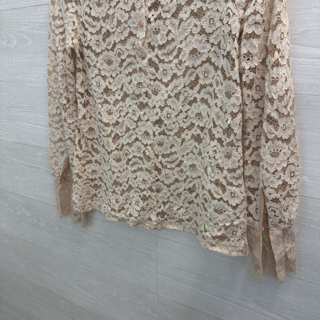 Cream Sheer Lace Long Sleeve Mock Neck Top Small