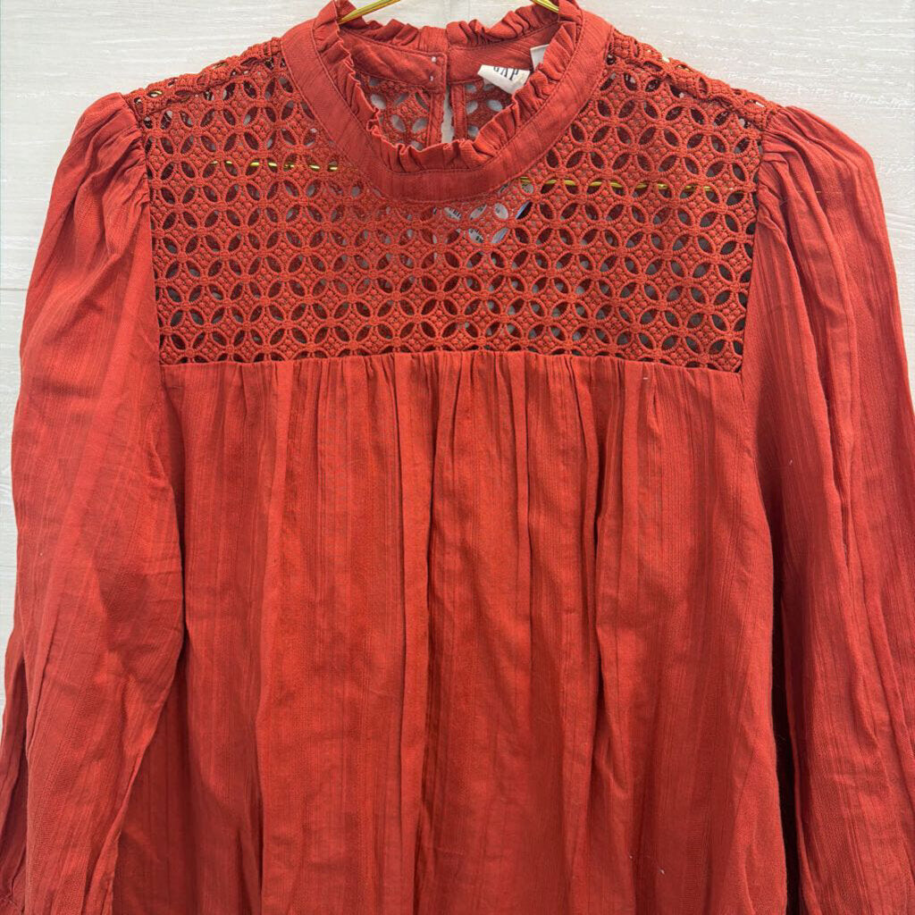 Gap Orange Lace Detail Long Sleeve Mock Neck Top Large