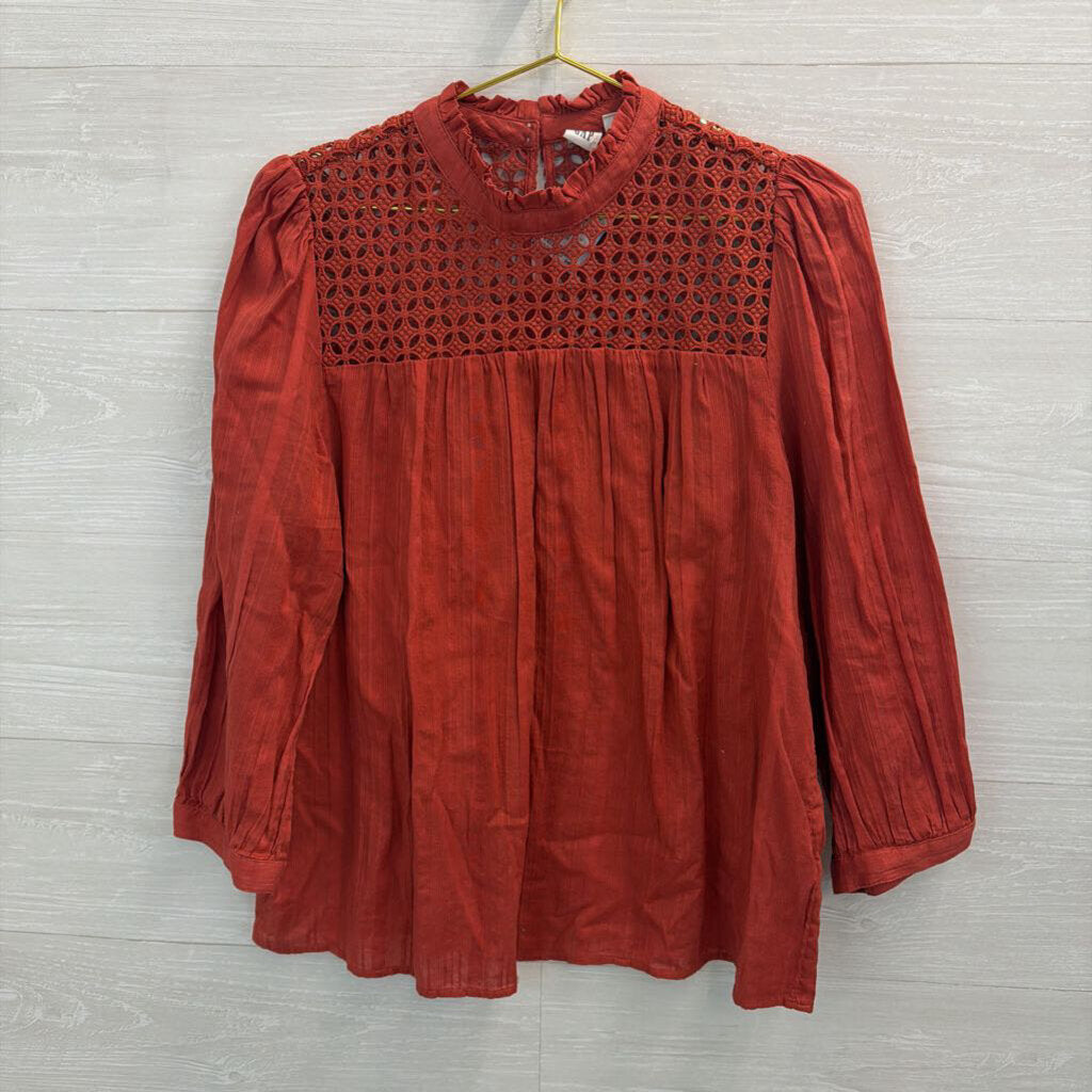 Gap Orange Lace Detail Long Sleeve Mock Neck Top Large