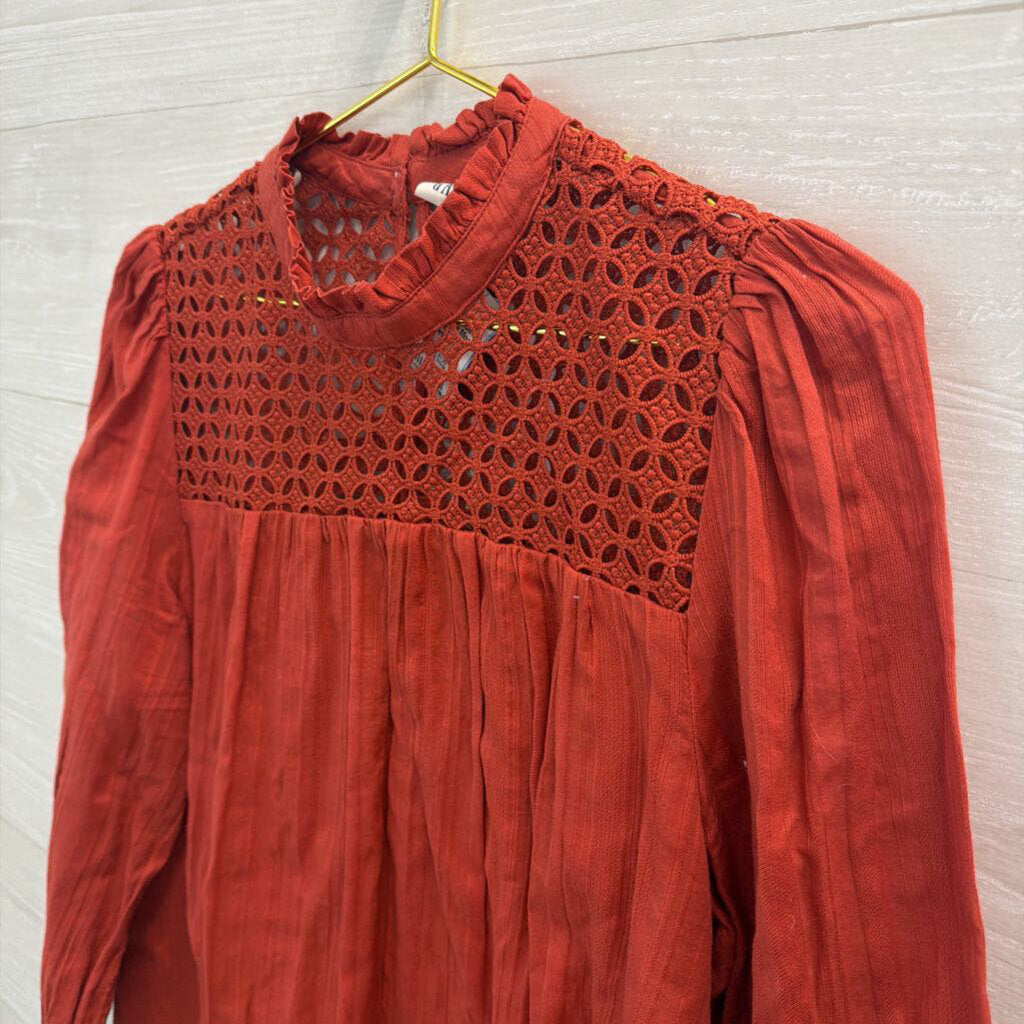 Gap Orange Lace Detail Long Sleeve Mock Neck Top Large