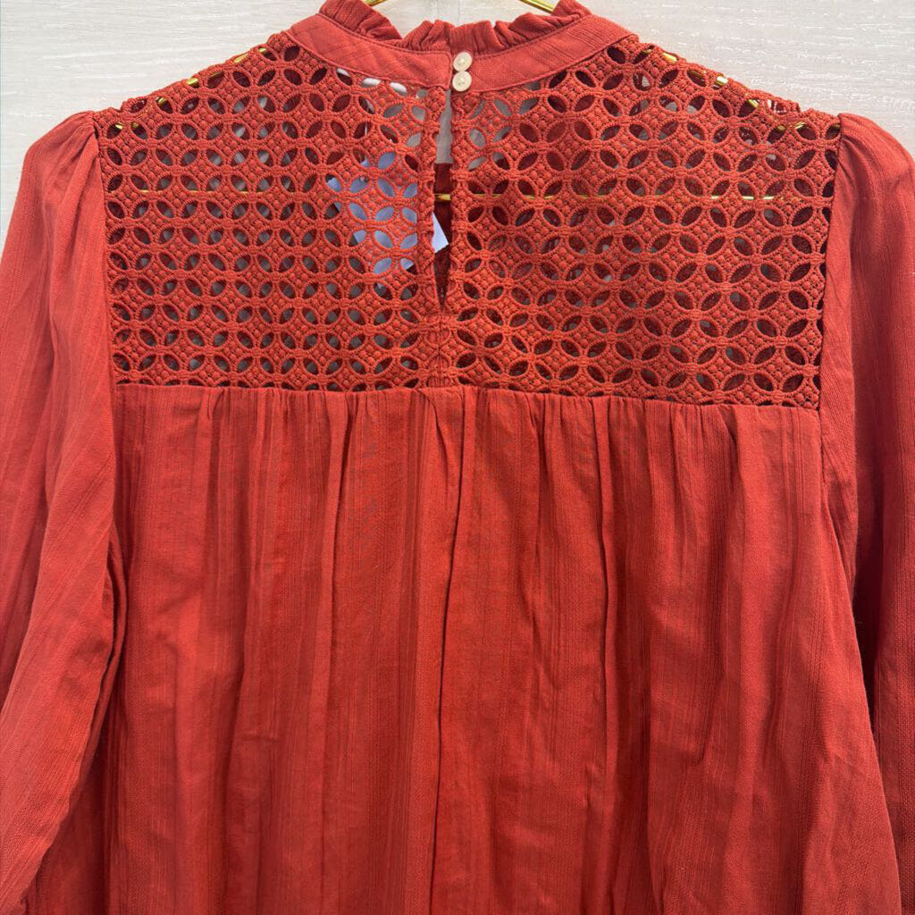 Gap Orange Lace Detail Long Sleeve Mock Neck Top Large